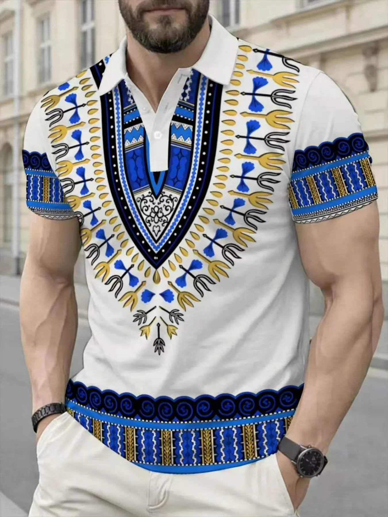 Men's Vintage African Style Polo Shirt, Blue Design, Breathable Fitted Short Sleeve, Casual Wear for Golf Tennis Office