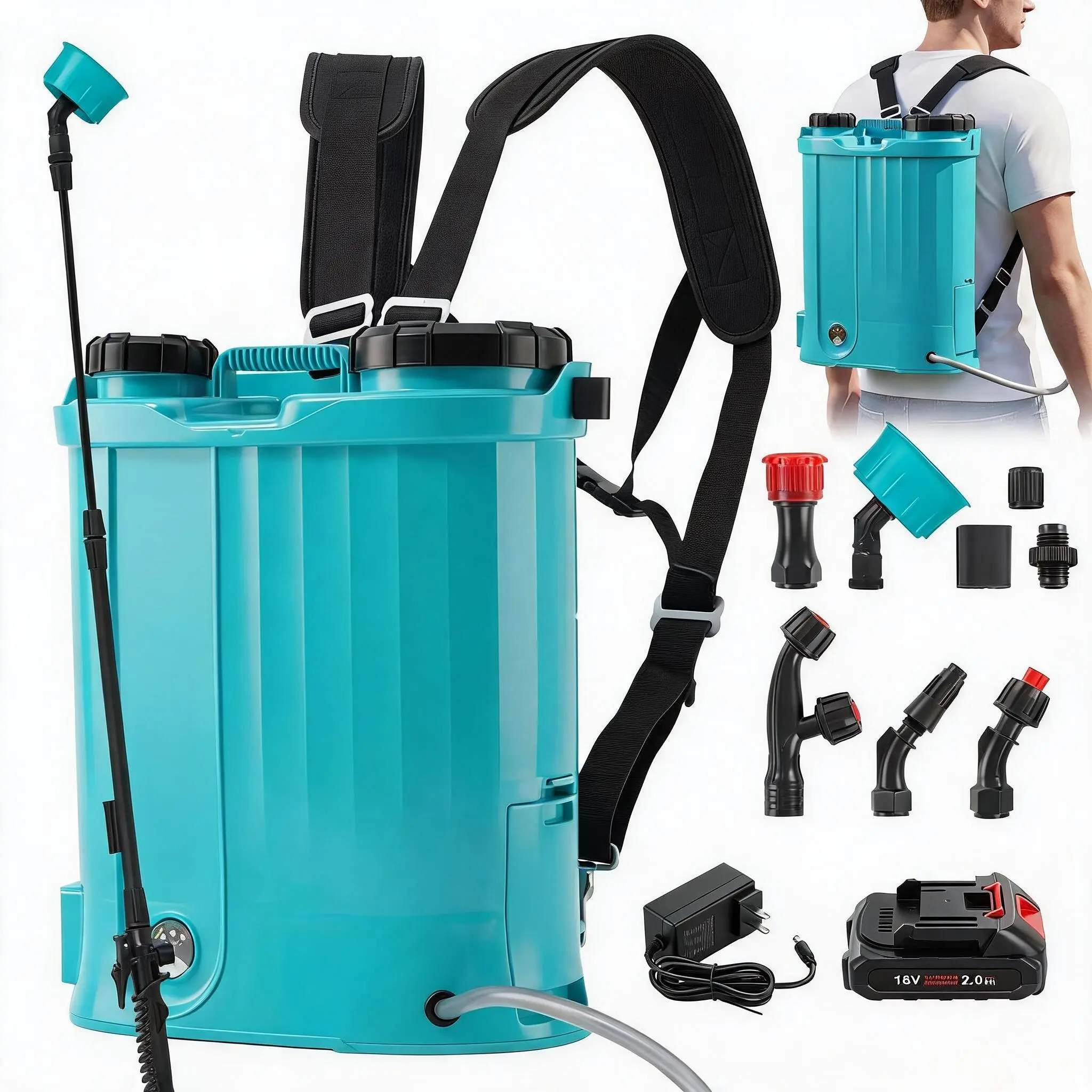 2.64 Gal 18V Backpack Sprayer, 0-65 PSI Adjustable Pressure, 5 Nozzles & Wand, 18V 2Ah Battery Powered Cordless Sprayer for Large Areas