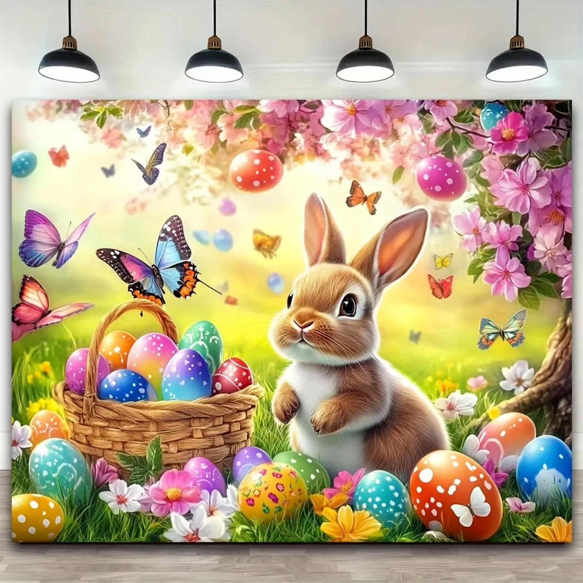 1PC 2D Flat Large Easter Bunny & Eggs Backdrop, Spring Floral Butterfly Pastel Polyester Wall Tapestry, Durable Reusable Indoor Outdoor Decor for Easter Party Wedding Baby Shower Photo Booth Home Wall Art