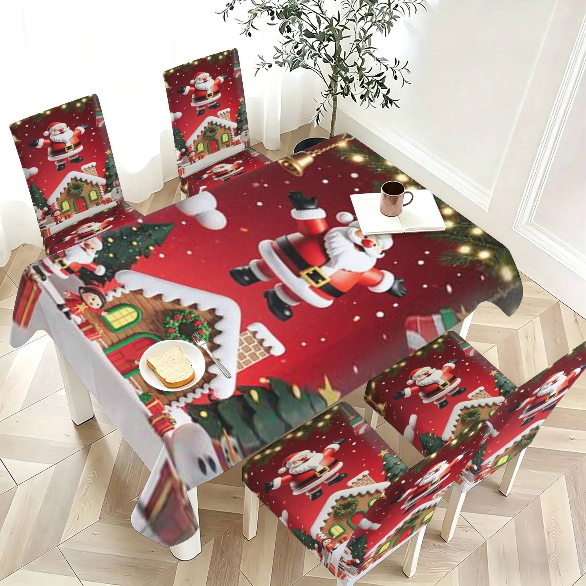 Christmas-Themed Elastic Chair Covers and Tablecloths Set, Reindeer Snow Scene Design, Ideal for Home Kitchen Restaurant Hotel Decor