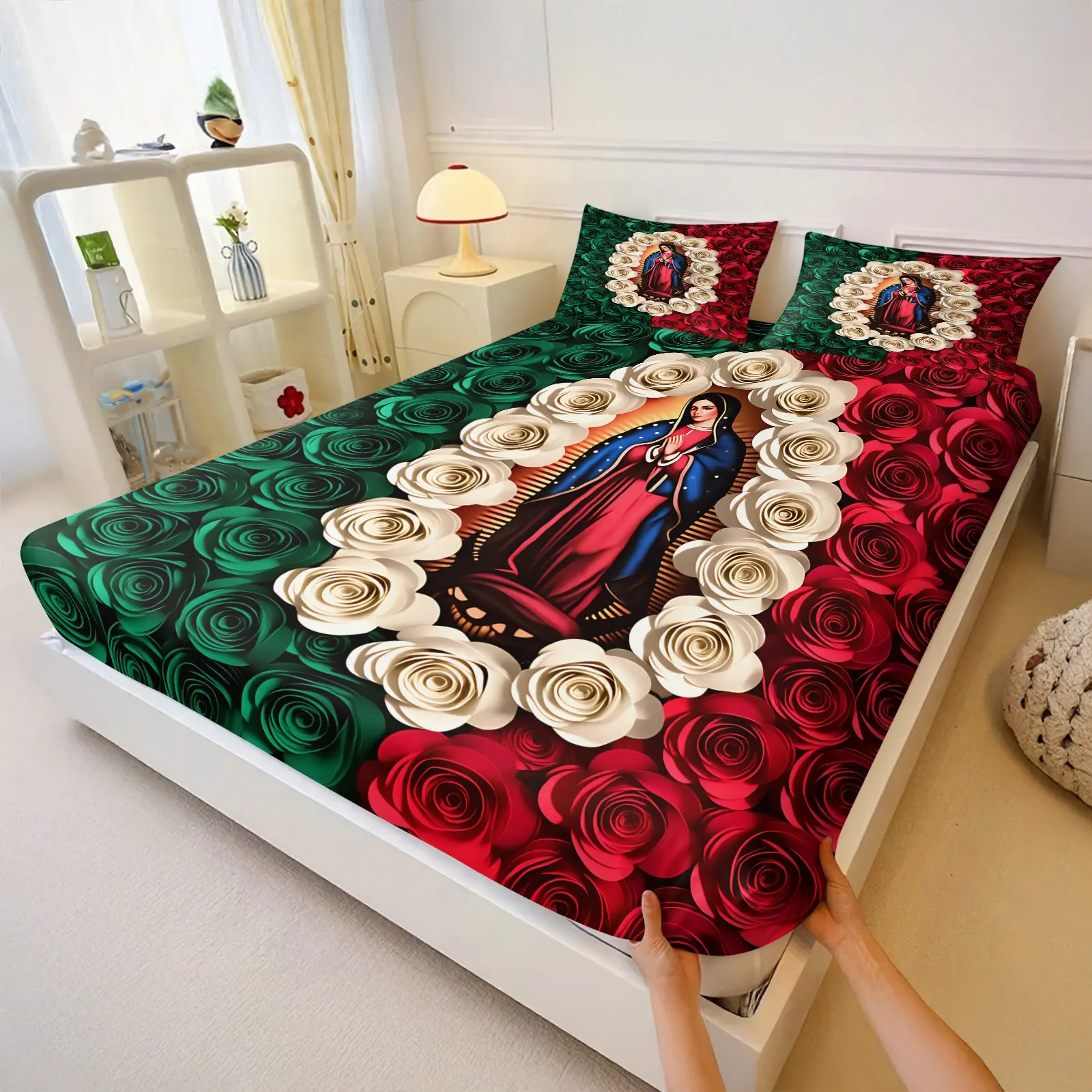 Our Lady of Guadalupe Fitted Sheet, Bed Sheets, Virgin Mary Religious Catholic Mattress Cover, Microfiber Deep Pocket Bedding, Latino Family Gift, Breathable Fitted Sheet