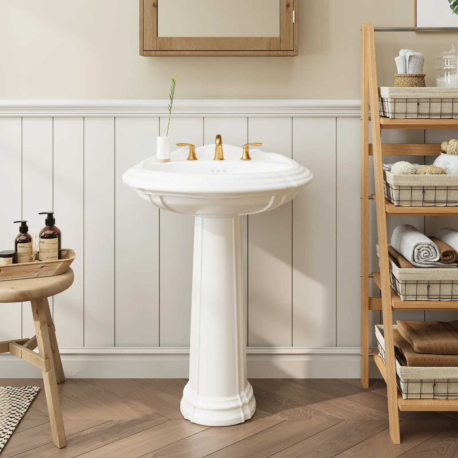 Bathroom Pedestal Sink, Retro Pedestal Bathroom Sink, White Bathroom Sink with Overflow Hole, Freestanding Ceramic Sink with 3 Pre-Drilled Holes for 4 in Faucets,26 x 20 inch