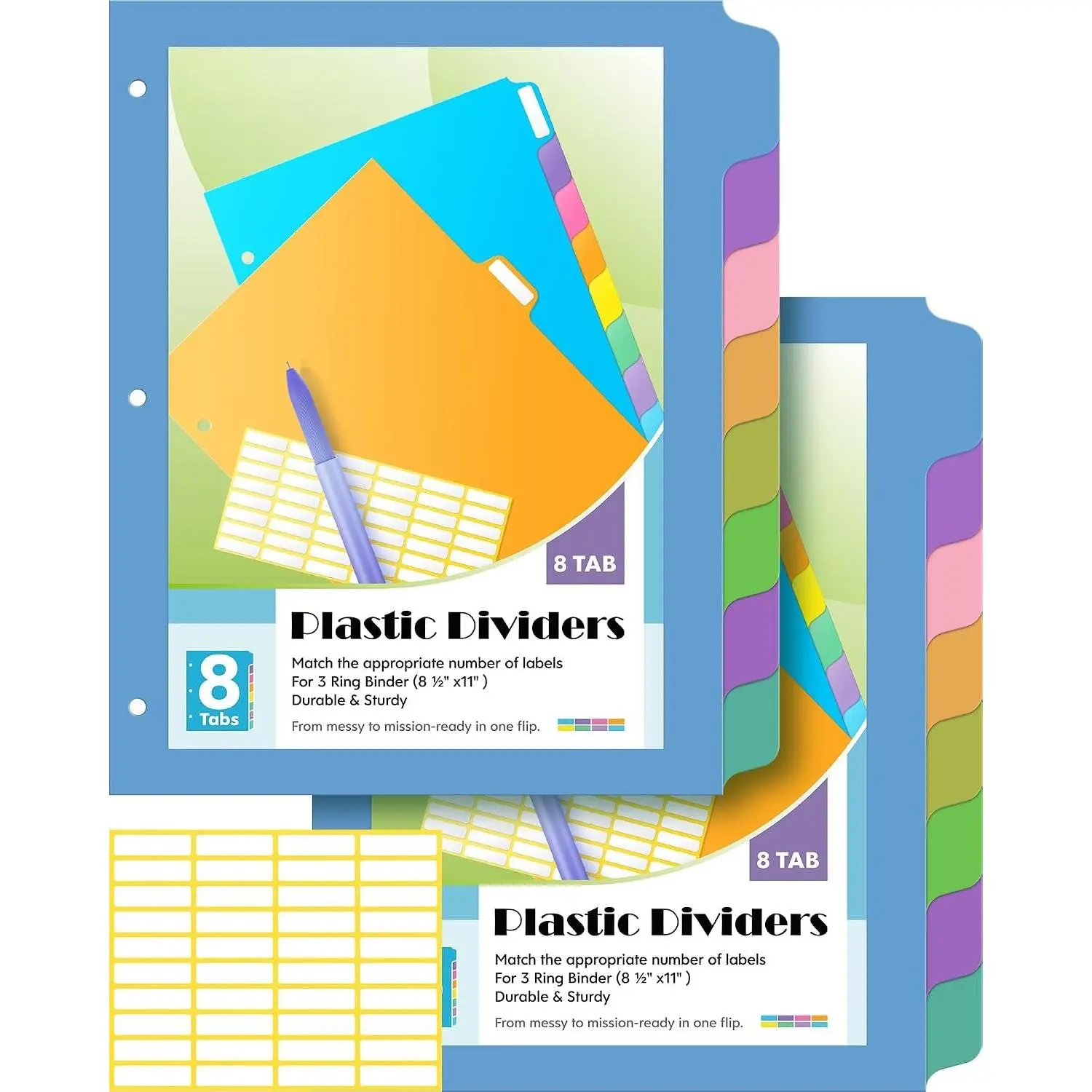 16 count 8 Tab Binder Dividers for 3 Ring Binder,Thicken, Write & Erase   Plastic Binders for School & Office Files, 2 Set, Extra 40 Labels