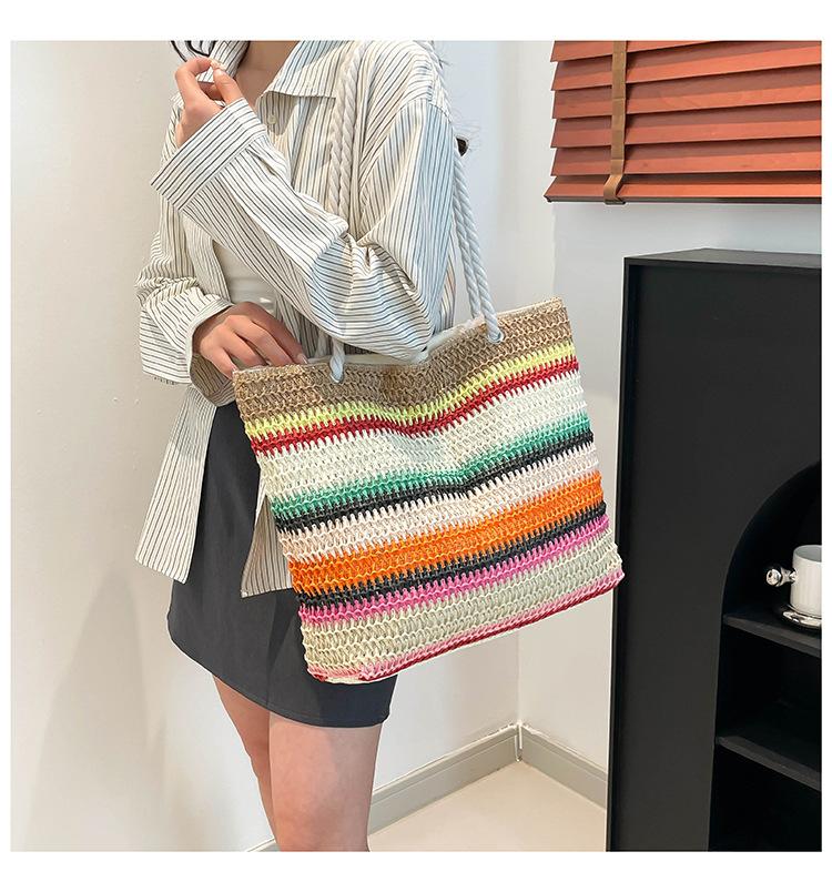 2026 New Women Fashion Shoulder Bag Rainbow Striped Color Block Straw Bag Large Capacity Beach Bag for Vacation