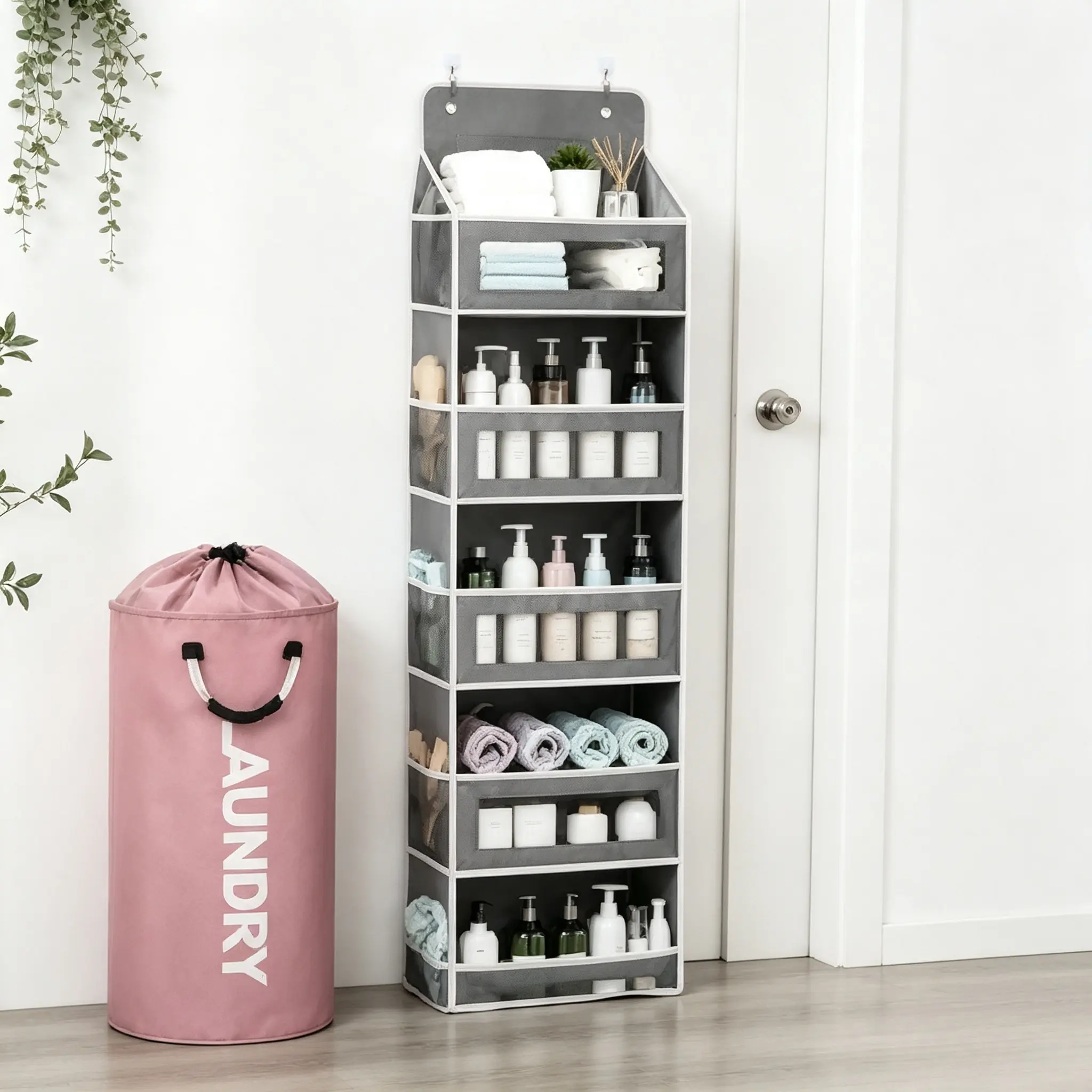 Home Organization Bundle Over Door Hanger + Laundry Hamper 2-Pack 10 Storage Pockets + 95L Large Basket Tool-Free 44Lbs Capacity Small Space Big Solution! organizer toiletry dormitory