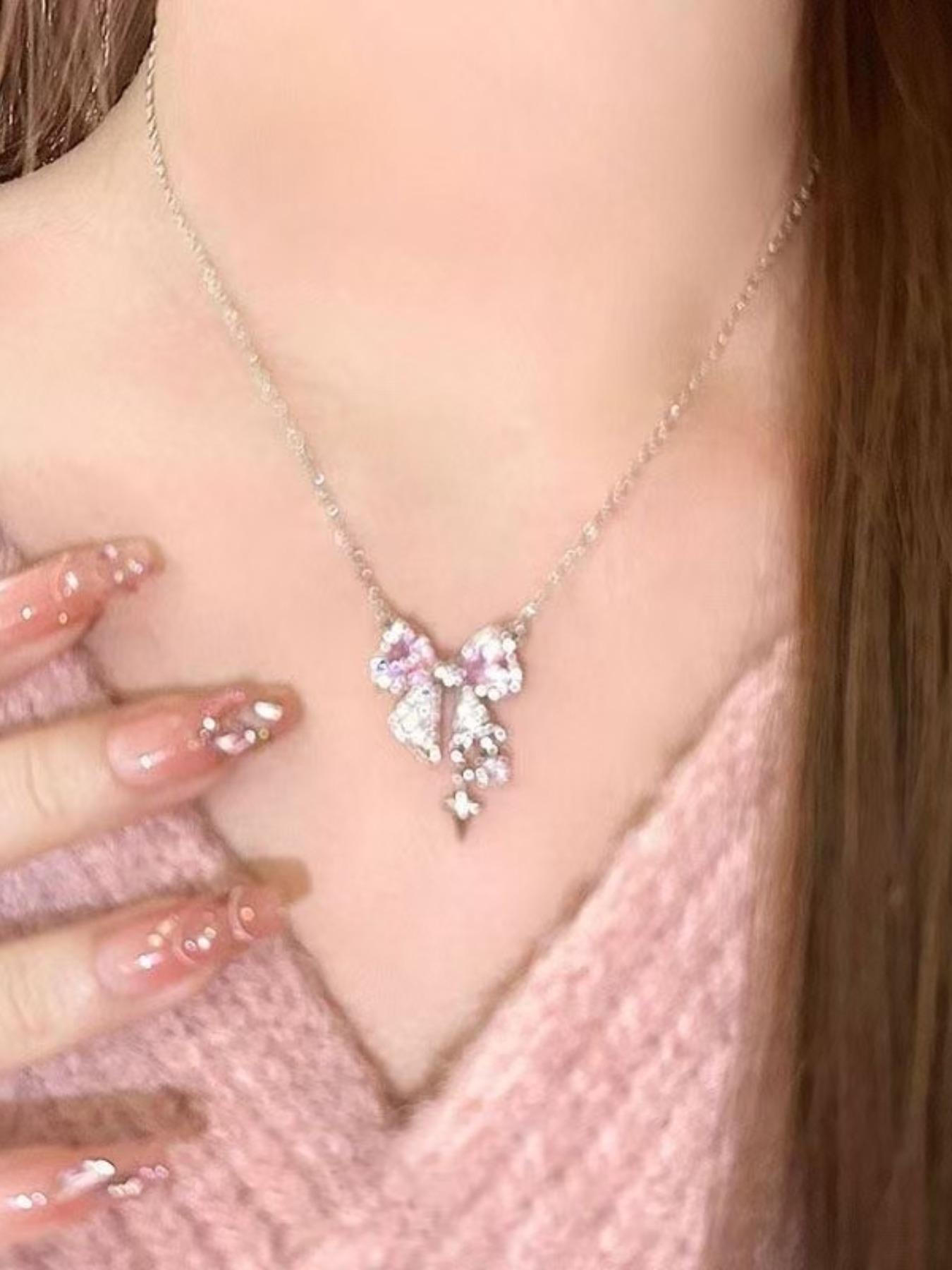 Women's Elegant Bow Design Pendant Necklace, Sparkling Rhinestones Chains, Daily Clothing Decor, Trendy All-match & Exquisite Jewelry for Birthday Gift, Daily Wear Necklace, Bling Necklace, Dainty Necklace