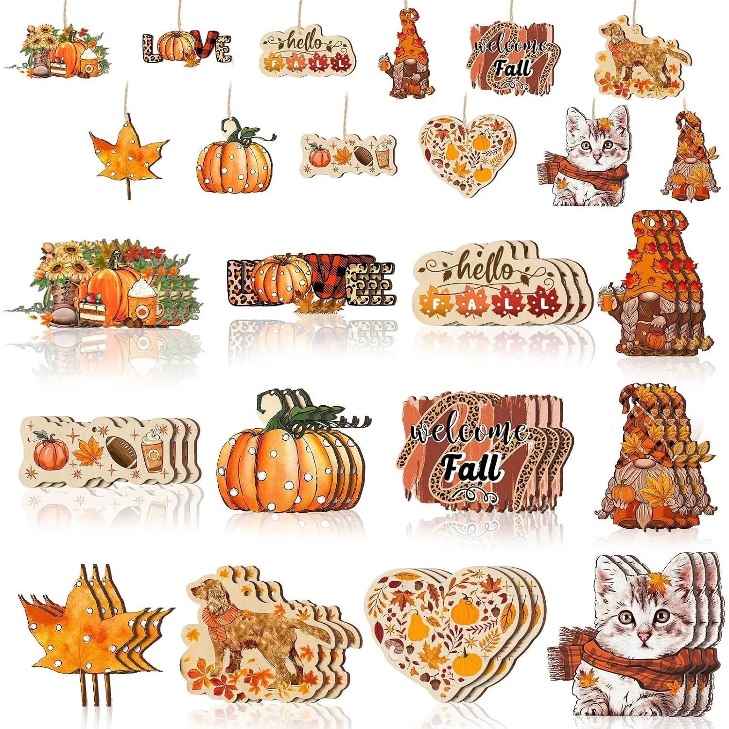 36 count Fall Tree Decorations and Ornaments Thanksgiving  Wooden  Ornaments Pumpkins Leaves  Autumn Decorations for Holiday Party (Rustic Style)
