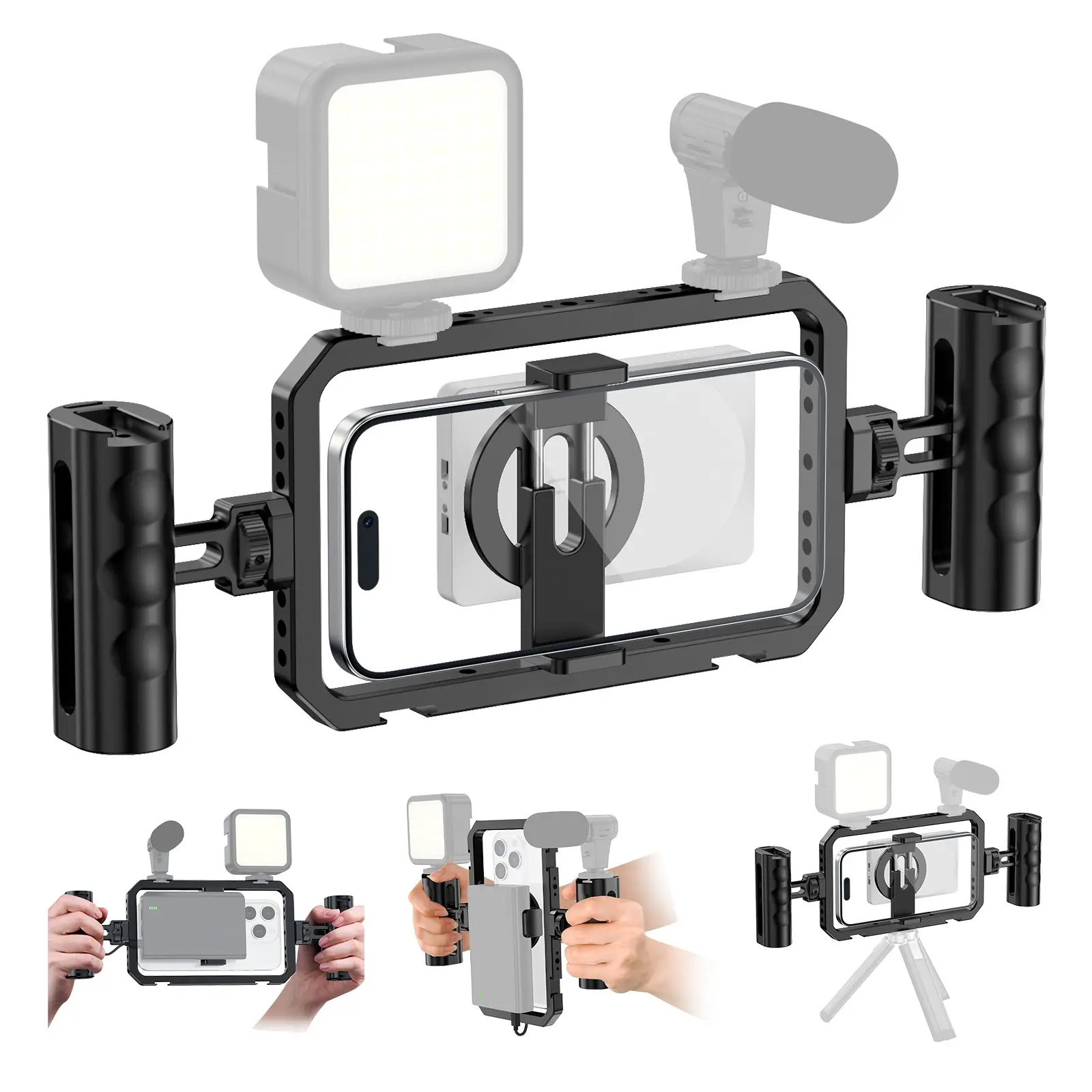 Universal Magnetic Phone Cage with Handle, Smartphone Cage Set, 360° Rotating Handle and Magnetic Stickers, Compatible with iPhone & Android, Magnetic Cellphone Holder