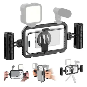 Universal Magnetic Phone Cage with Handle, Smartphone Cage Set, 360° Rotating Handle and Magnetic Stickers, Compatible with iPhone & Android