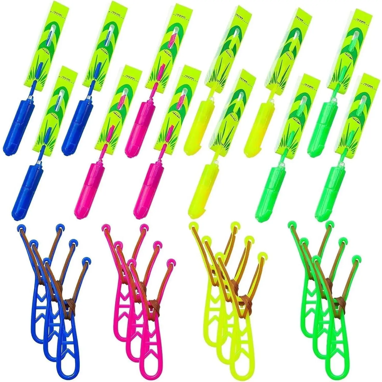 Slingshot Flying with Lights, Copter Launcher, 4 Color Slingshot for Kids, Rubber Band Launched Helicopter Toy, Includes 12 Helicopters +12 Launchers, for Summer Outdoor, Dark Party Supplies (12 Sets)fidget toys