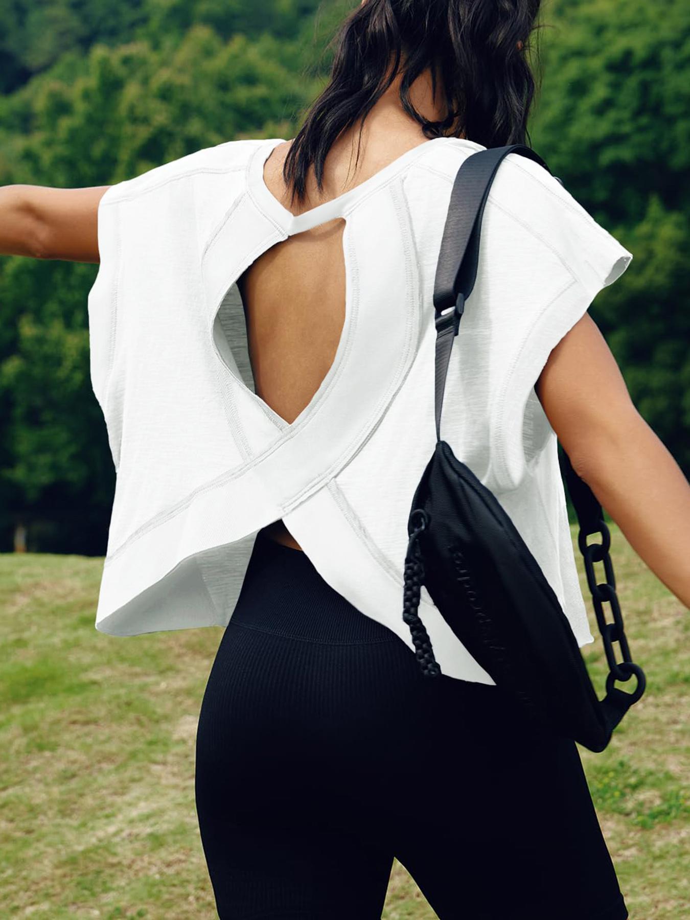 Renaishow Women's Open Back Workout Top Oversized Backless Athletic Short Sleeve T-Shirt for Gym & Casual Wear tiktokshopspringglowup