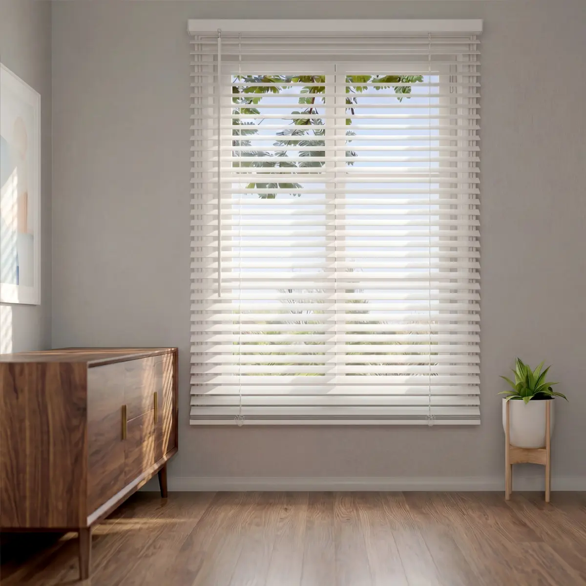 Modern Cordless 1" Light Filtering Vinyl Mini Blinds with Vinyl Slats, White, 31x60", Privacy Focus, Inside/Outside Fit, On-Site Option