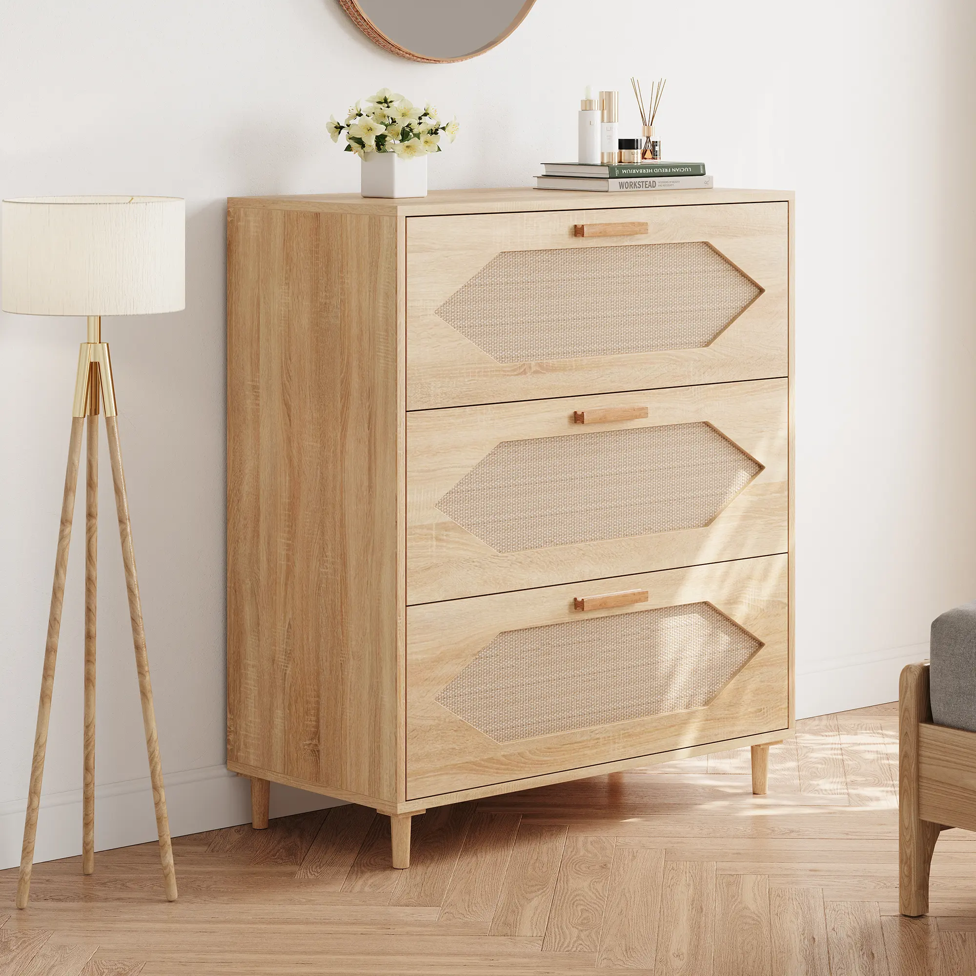 Rustic Oak Rattan Sideboard Cabinet – 3 Drawer Wooden Storage Chest for Bedroom, Hallway or Living Room – Spacious Mid-Century Boho Design – Easy Assembly