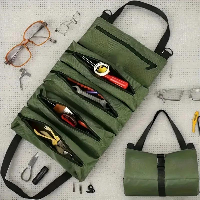 Foldable Tool Storage Bag Multiple Compartments Design with Adjustable Shoulder Strap for Auto Repair Electrician Hardware Tools