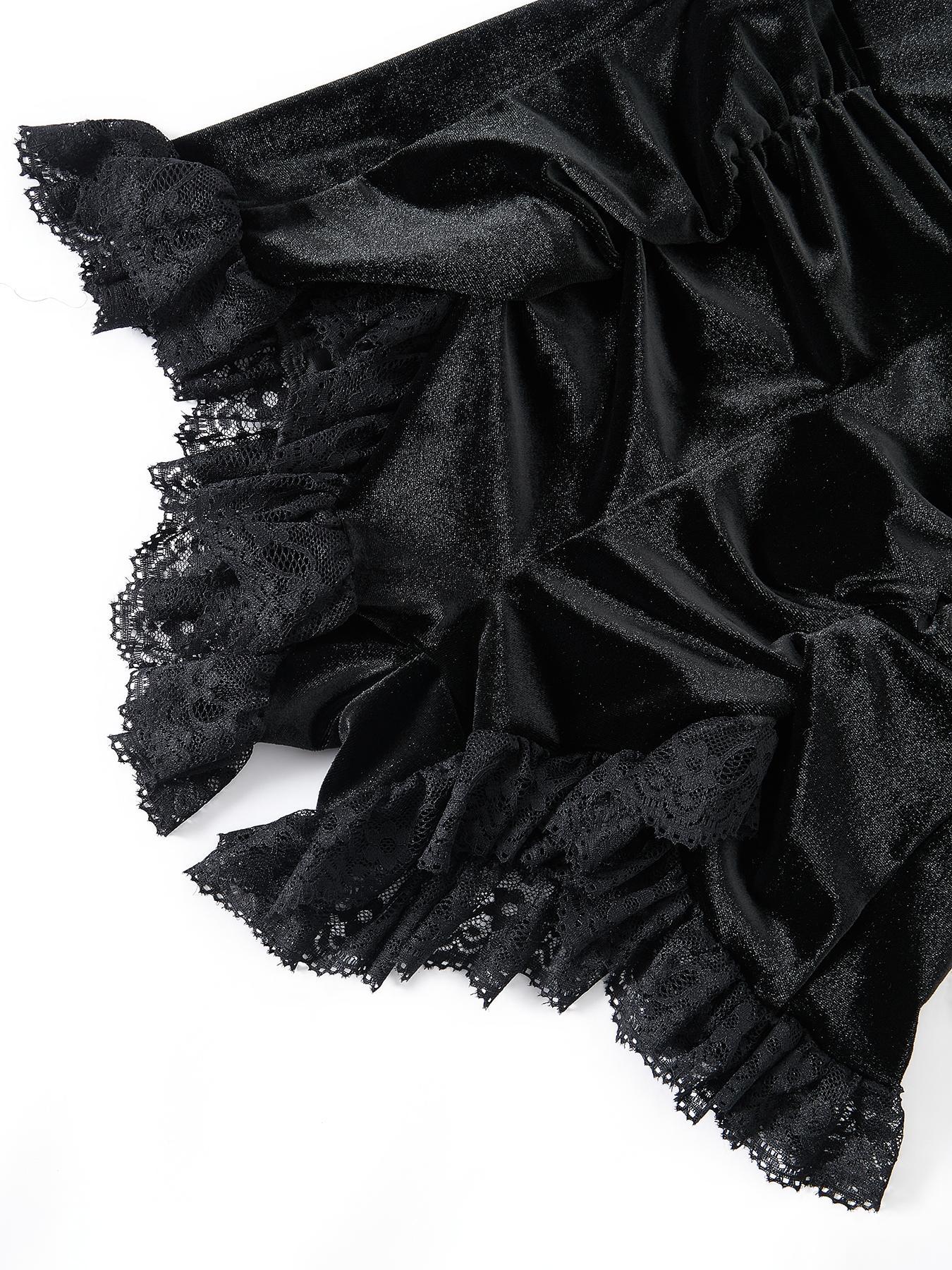 Women's Contrast Lace Ruched Velvet Shorts without Waist Belt, Goth Asymmetrical Hem High Waist Skinny Shorts for Party Holiday Vacation, Girly Clothing, Ladies Bottoms for All Seasons, Shorts for Women, Womenswear, Chic, Fashion