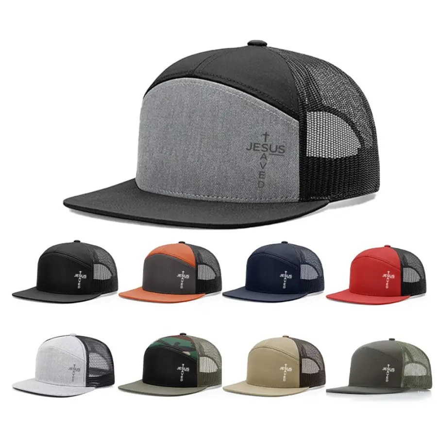 Cross JESUS SAVED Printed Flat Bill Trucker Hat, Color Block Breathable Mesh Flat Brim Baseball Cap, Unisex Outdoor Casual Sun Hat