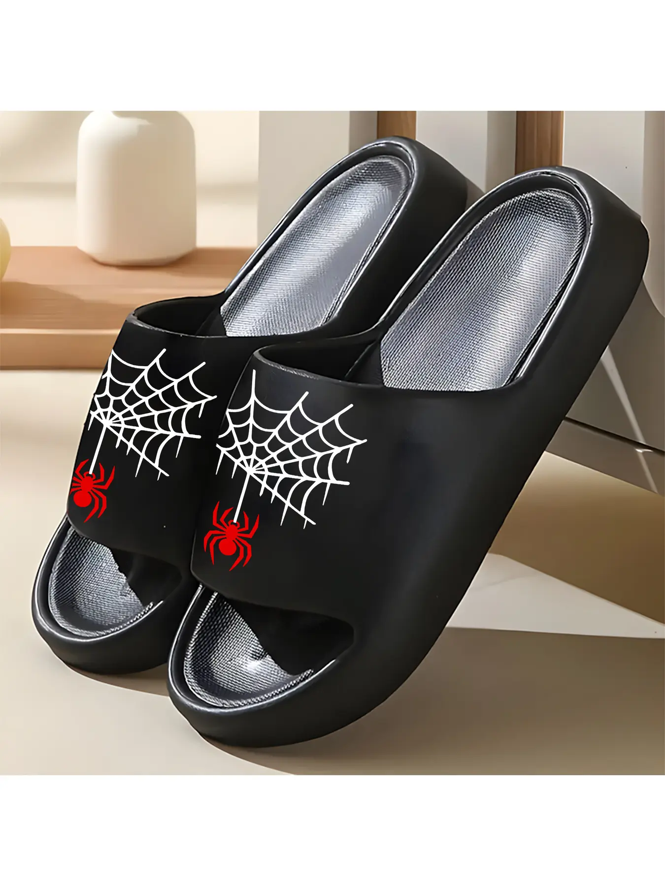 1 pair of unisex, new style slippers, black base with red and white spider and spider web design, women's sandals, indoor/outdoor sandals, holiday gift slippers, room slippers, birthday gift slippers, casual slippers, summer EVA sandals