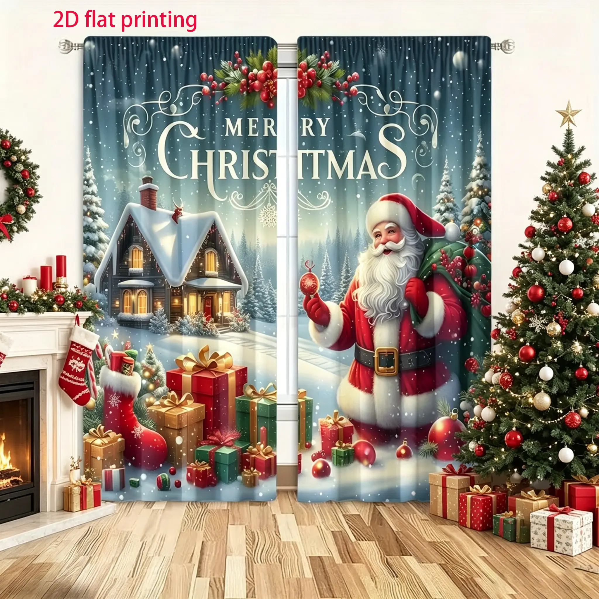 2-piece set of Santa Claus Christmas gift printed curtains - featuring a light-transmitting design and rod pocket design, suitable for bedroom, living room, office, and home decoration, Christmas curtains