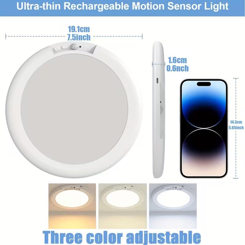 Adjustable Rechargeable LED Ceiling Light, Motion Sensor Ceiling Lamp with 3 Lighting Colors, Safe 5V Energy-Efficient Light for Living Room, Study, Kitchen & Stairs, Magnetic Installation