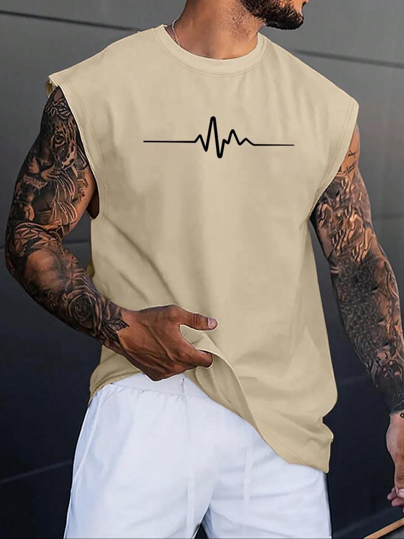Men's Heartbeat Print Round Neck Tank Top, Athletic Tank Tops, Regular Fit Casual EKG Graphic Sleeveless Top for Summer, Men's Top for Daily Wear, Socks