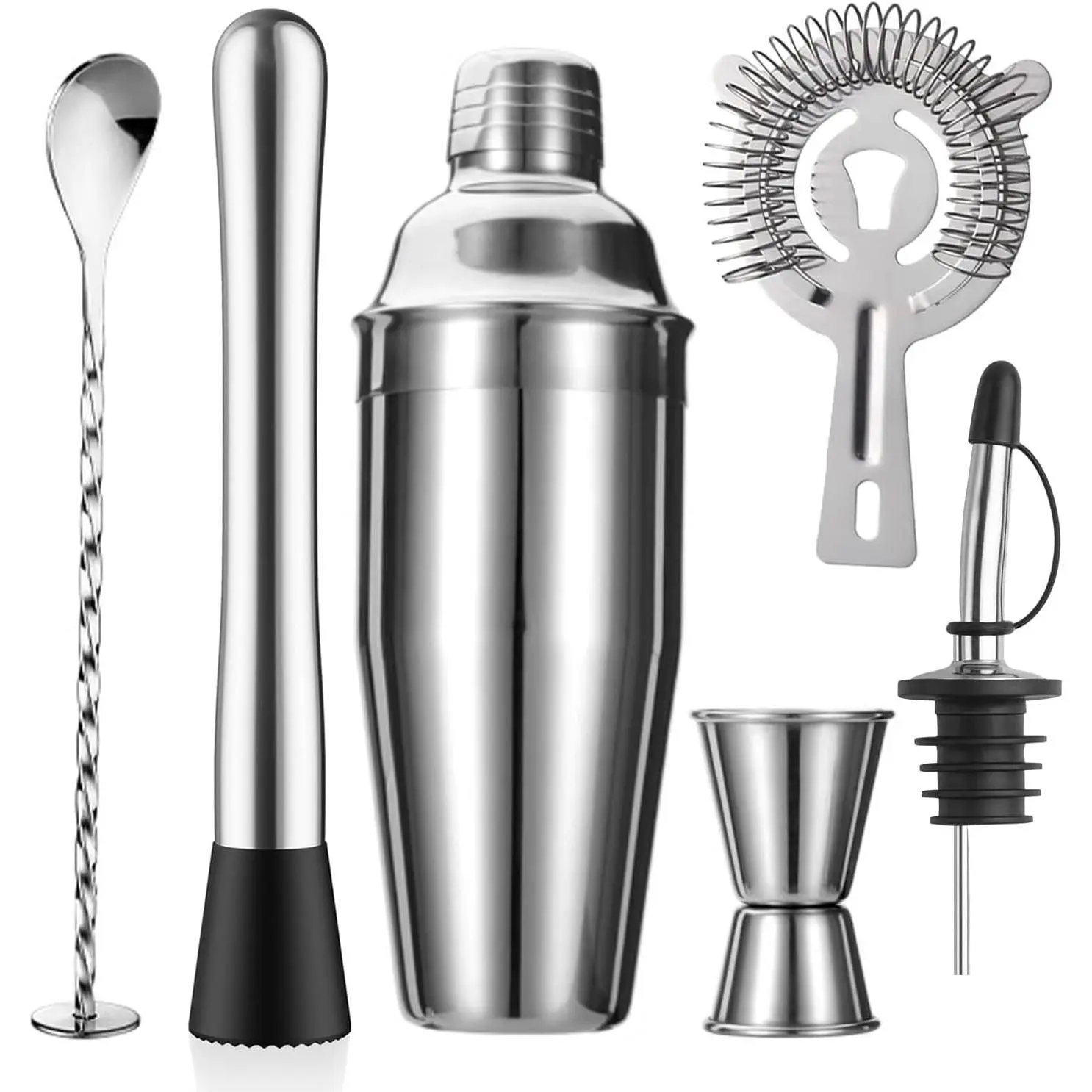 Women's Bar Essential 6-Piece 24oz Stainless Steel Cocktail Shaker Set - Drink Mixing Kit with Strainer, Muddler, Jigger, Spoon, Pour Spout - Bartender Tool Set for Housewarming Gifts