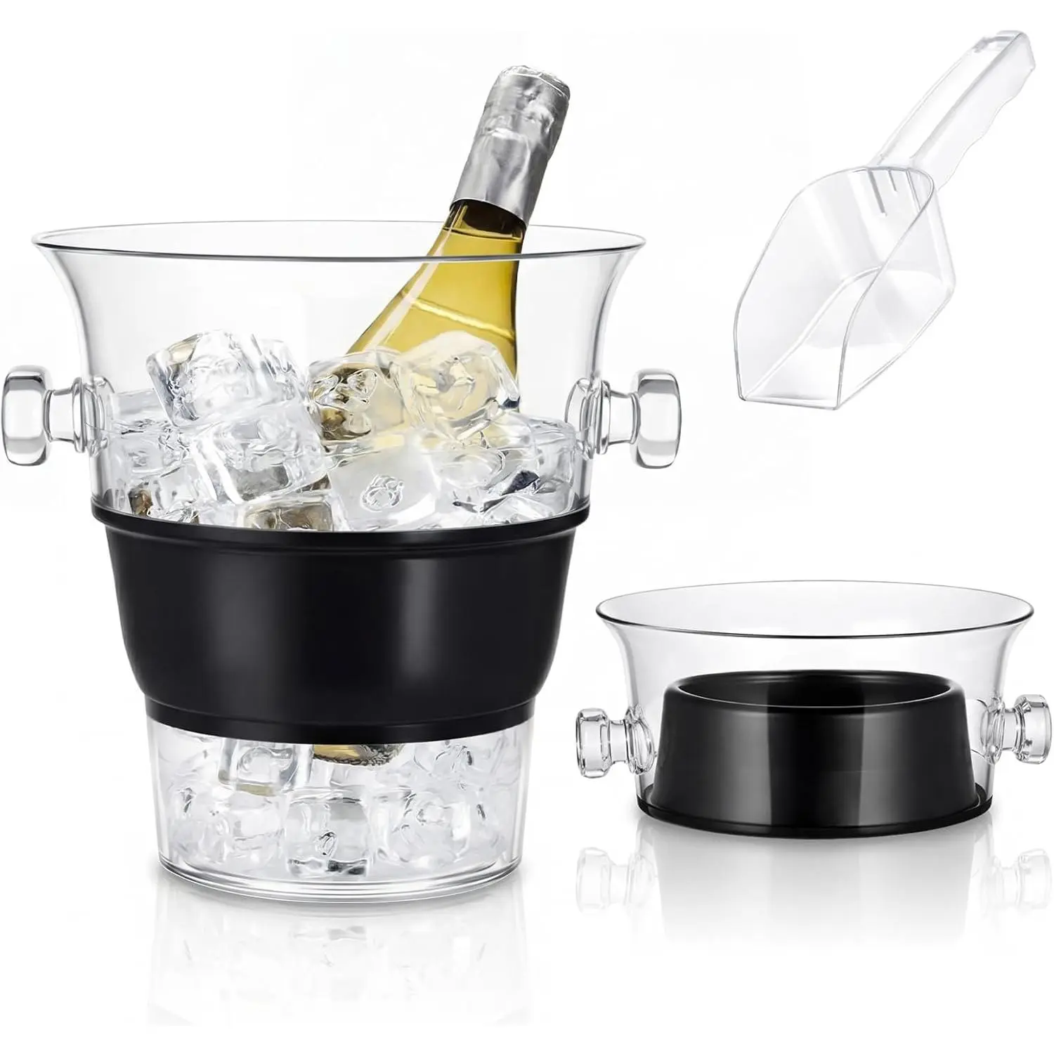 4 Liter Clear Acrylic Collapsible Ice Bucket with Handles for Travel Foldable Durable Thick Wine Champagne Bucket with Scoop Chiller for Bar, Parties, Bbqs, Weddings, Picnics, Outdoors
