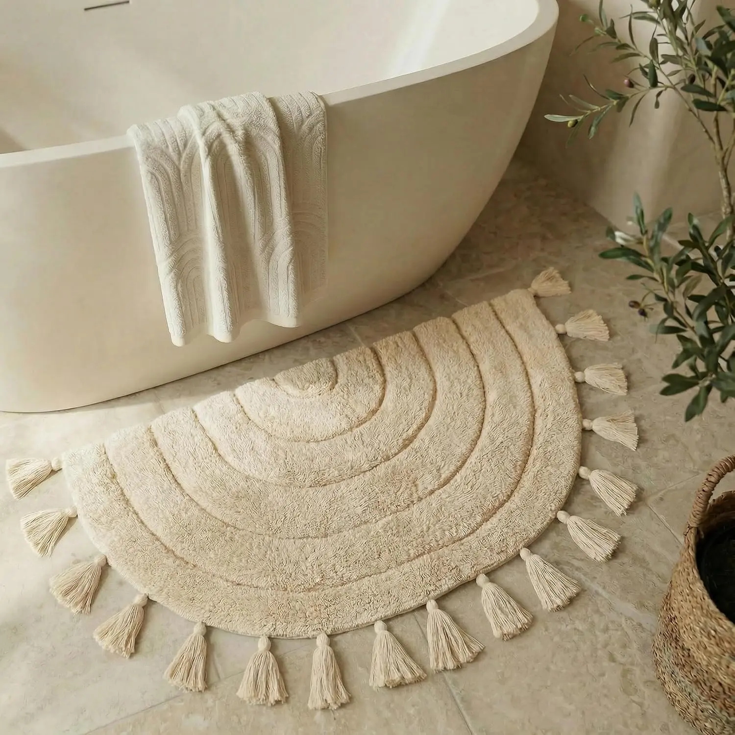 Beautiful Boho Rug with Tassels for Your Bathroom - Soft Half Circle   Mat Fits Perfectly Into Your  - A Cute, Non-Slip and Absorbent Crochet Rug Ideal to  Any Bath/Bedroom Decor