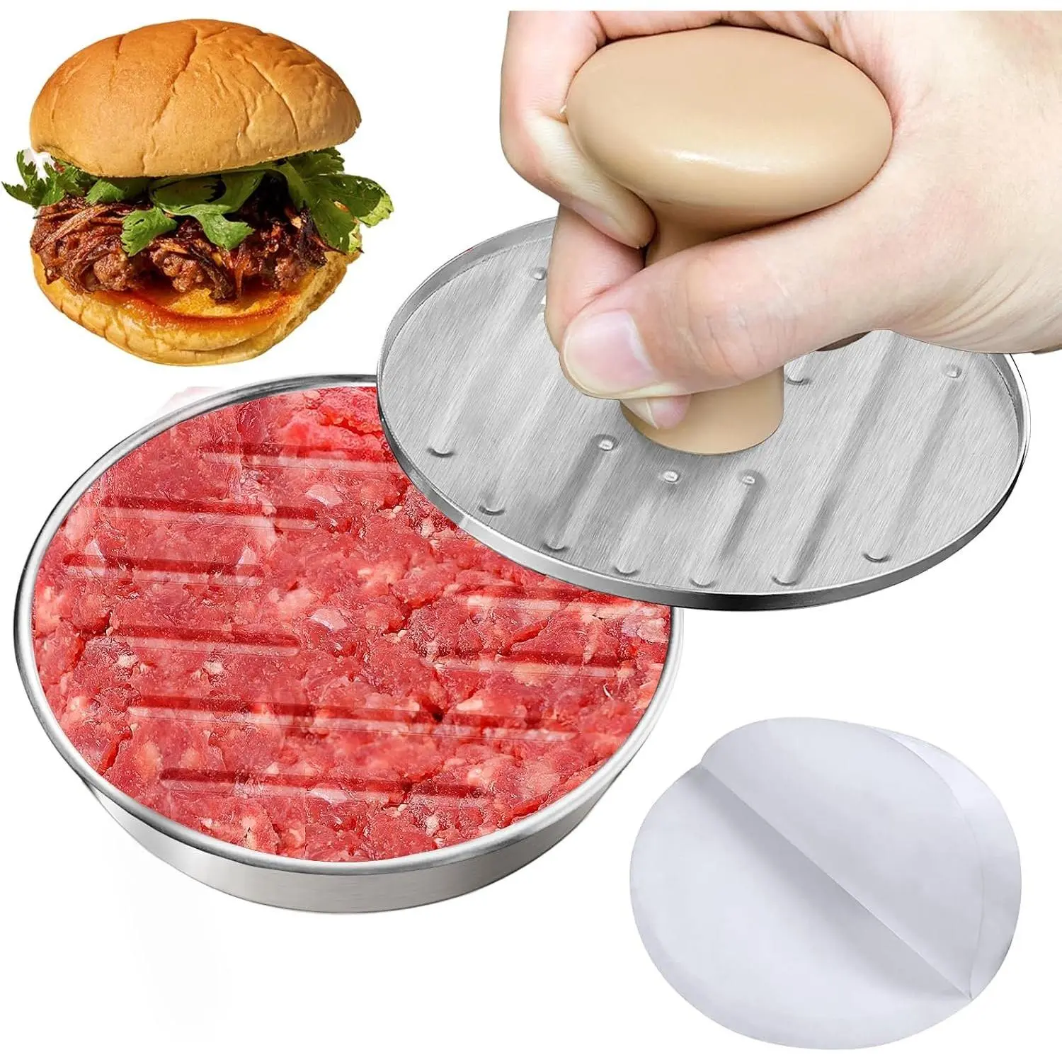 Burger Press, 5”Stainless Steel Hamburger Press Patty Maker, Non-Stick Hamburger Press for Making Patties, for Grilling and Cooking, Comes with 100 count of Wax Paper