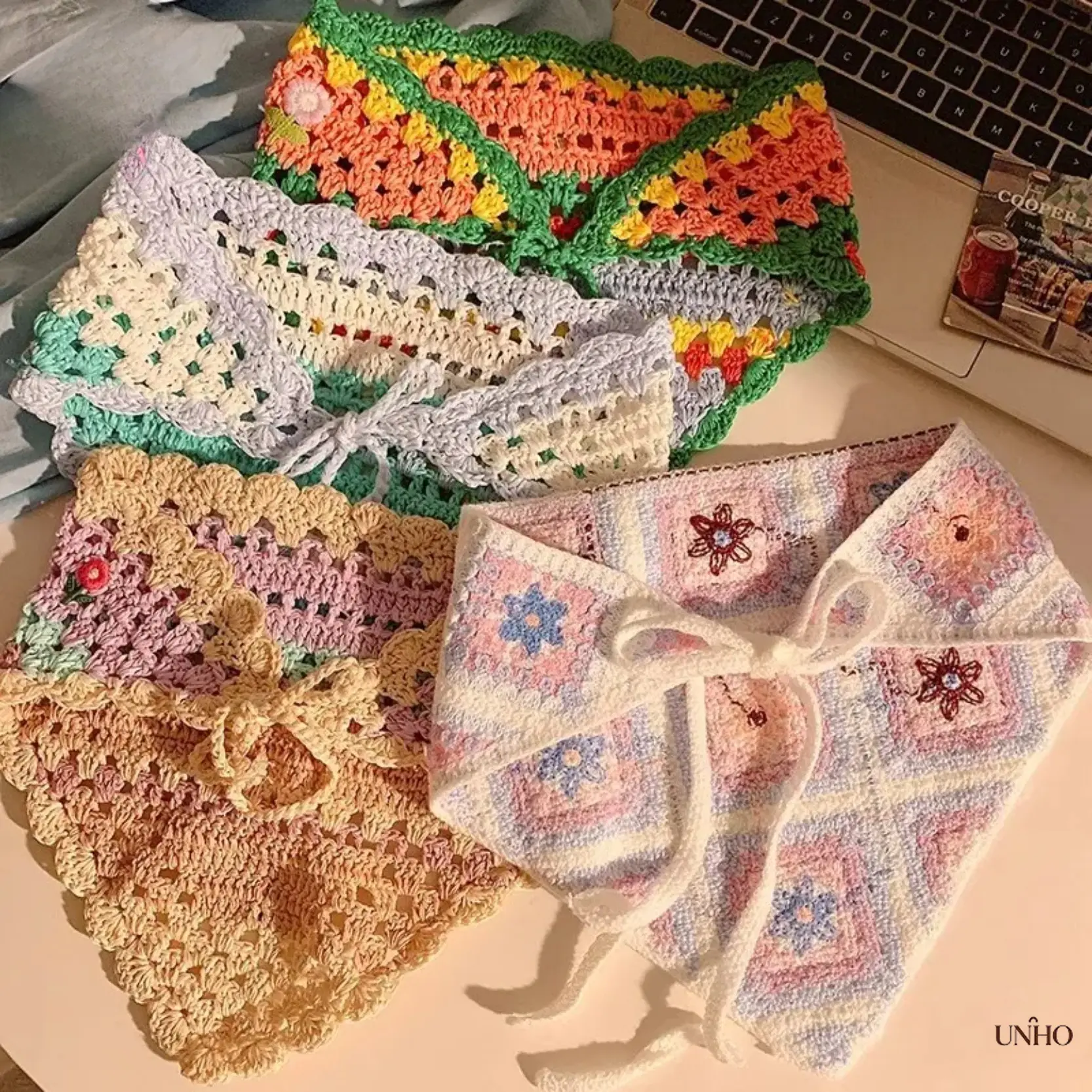 French Vintage Handmade Crochet Triangle Headscarf For Women, Hollow Out Floral Knit Breathable Bandana Kerchief, Sweet Lightweight Summer Head Wrap Accessory