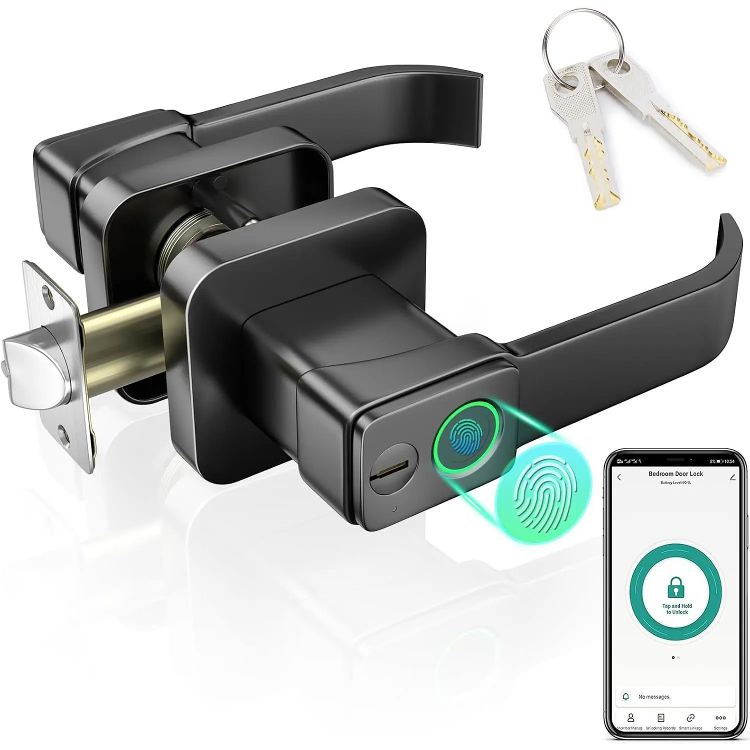 Fingerprint Door Lock App Control, Keyless Entry  Knob, Black | 3-in-1 unlock methods, fingerprint & app control, spare key backup, remote eKey share, biometric recognition, for  office