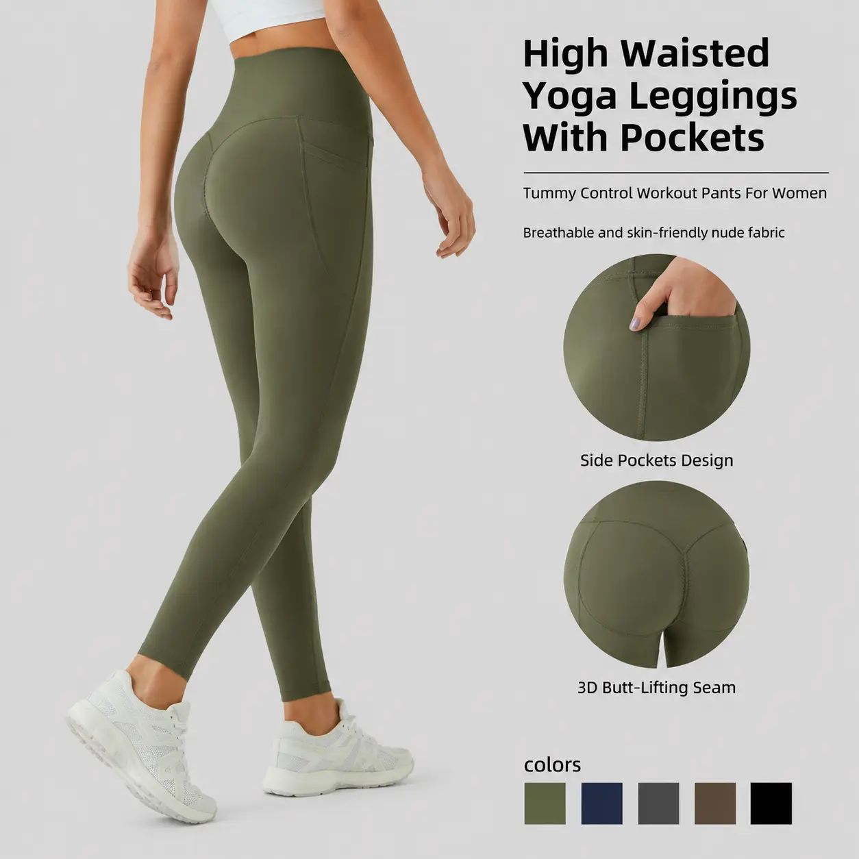 Women's Stretchy High-Waisted Yoga Leggings with Pockets - Tummy Control Compression Yoga Pants, Female Gym Clothes, Activewear for Fitness, Fitness Clothes, Gym Tights