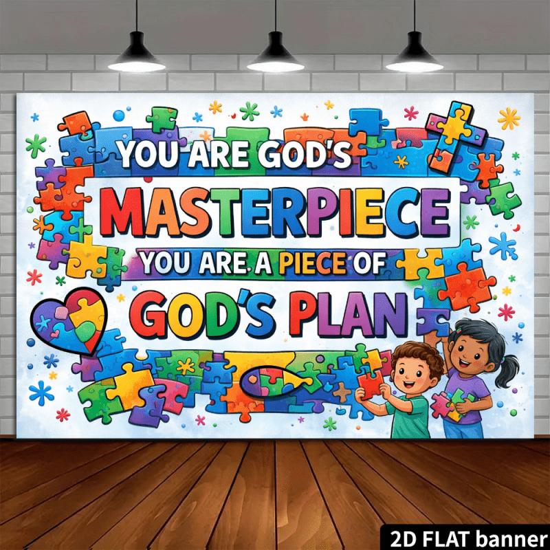 A 2D Colorful Puzzle Fish Backdrop with a Religious Theme, Featuring a White Base with a Colorful Puzzle Border, Multicolored Artistic Text, Colorful Puzzle Pieces, Colorful Puzzle Fish, Colorful Puzzle Hearts, Co