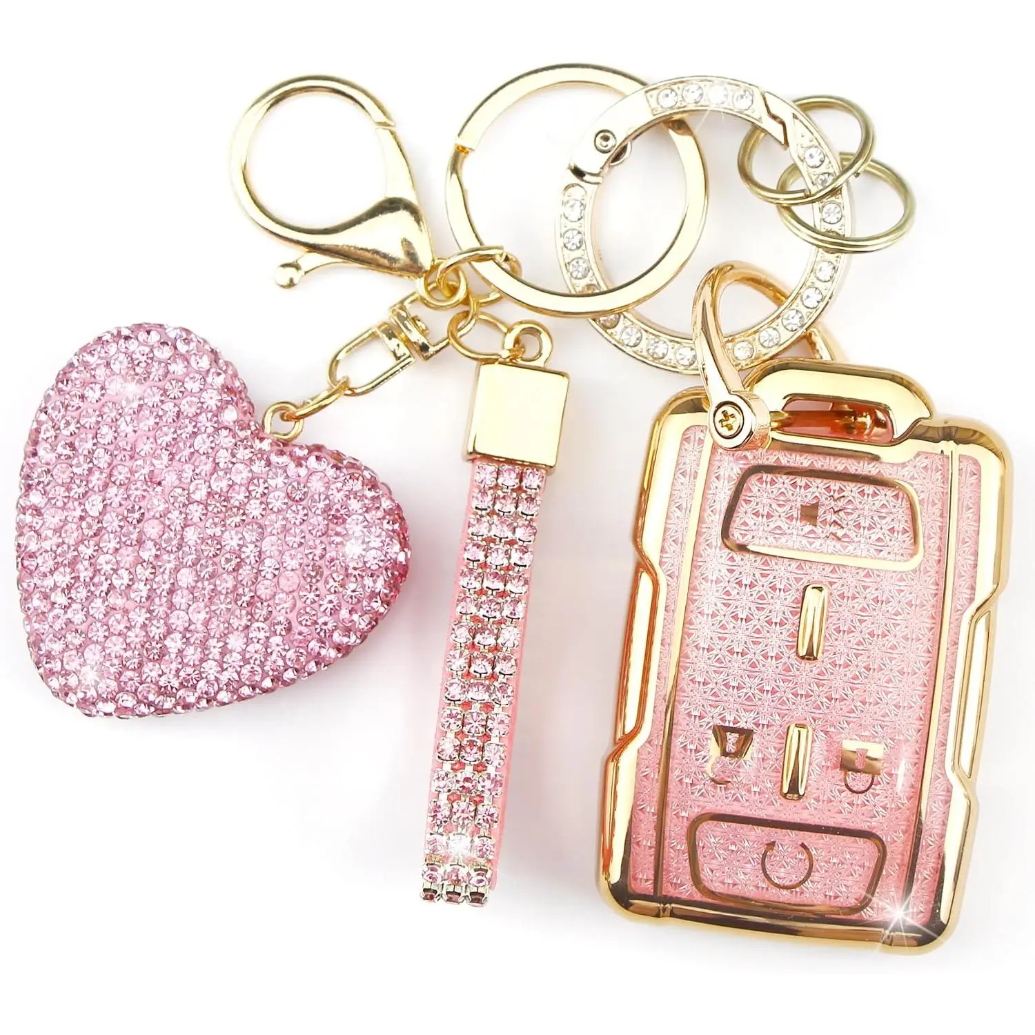 Key Fob Cover with Diamond Keychain Compatible with Chevy Car Key Holder Compatible with Chevrolet 2014-2021 GMC Sierra Canyon Yukon Suburban Tahoe Silverado Colorado, 4 Buttons (Pink-Heart)