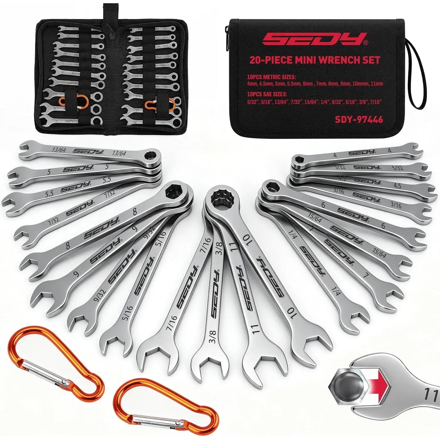 Midget Wrench Set - 22- Mini Combination Wrench Set Metric & SAE  Wrench Sets 4-10mm & 5/32'' to 7/16'' Lightweight Small Carry Pouch