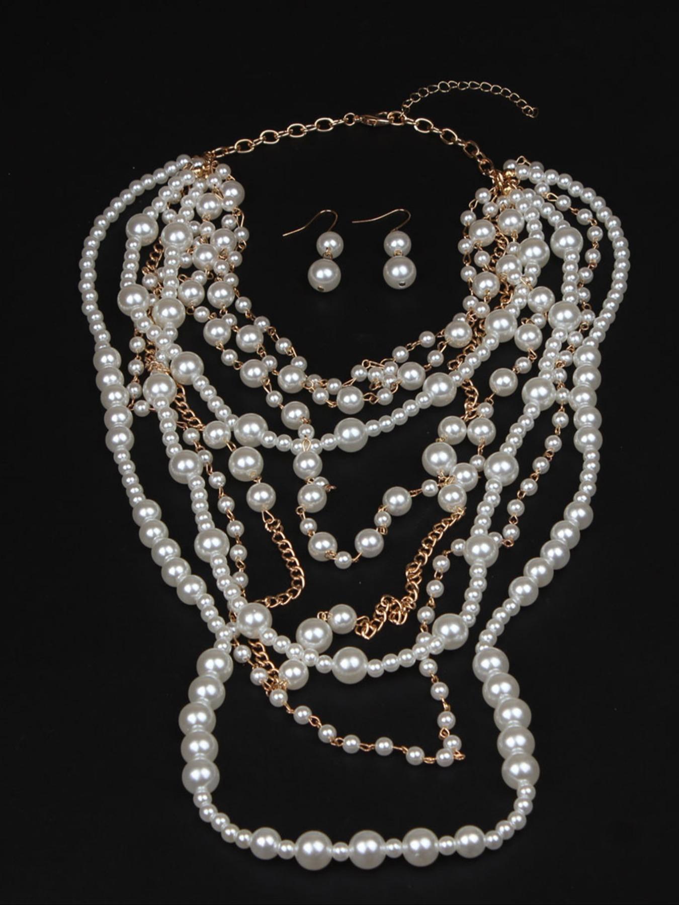 Exaggerated Multi-layer Faux Pearl Decorated Necklace & Dangle Earrings, Elegant Jewelry Set for Party, Daily Decor, Trendy All-match & Exquisite Jewelry for Birthday Gift