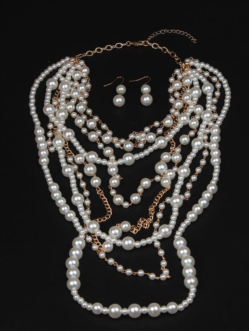 Exaggerated Multi-layer Faux Pearl Decorated Necklace & Dangle Earrings, Elegant Jewelry Set for Party, Daily Decor, Trendy All-match & Exquisite Jewelry for Birthday Gift