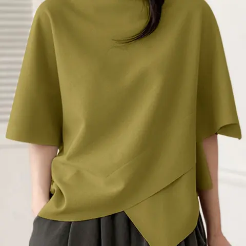 Women's Solid Color Blouse, Shirts, Casual Style Round Neck Loose Baggy Top for Summer, Breathable Soft Lightweight Women's Clothing for Everyday Wear, Patchwork