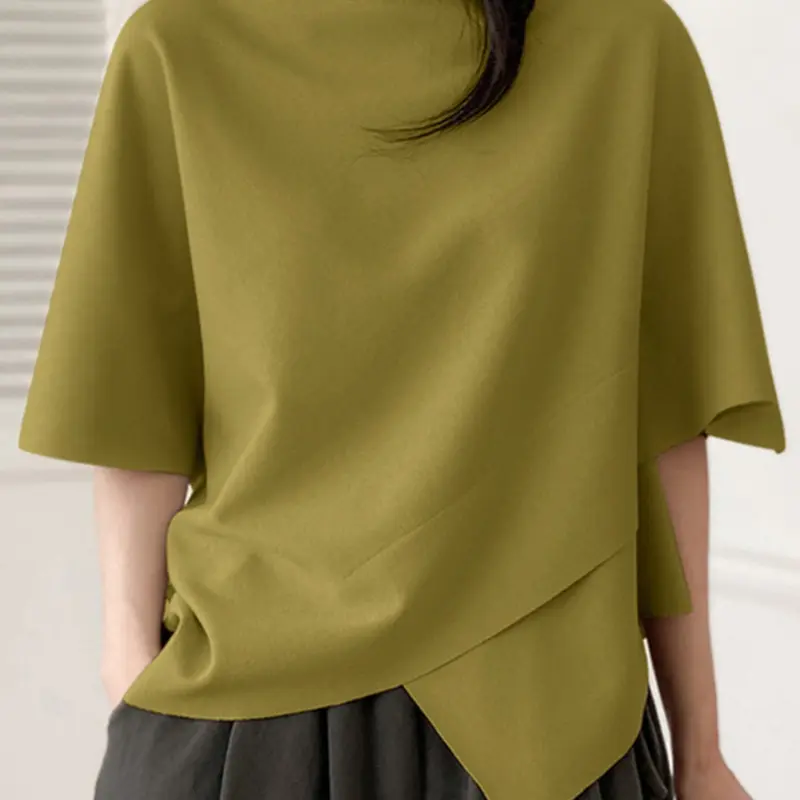 Women's Solid Color Blouse, Shirts, Casual Style Round Neck Loose Baggy Top for Summer, Breathable Soft Lightweight Women's Clothing for Everyday Wear, Patchwork