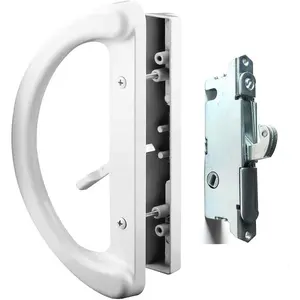Patio Door Handle Set + Mortise Lock 45° Perfect Replacement for Sliding Glass Door Fits 3-15/16” Screw Hole Spacing, Non-keyed with Latch Locks,White Diecast,Reversible Design(Non-Handed)