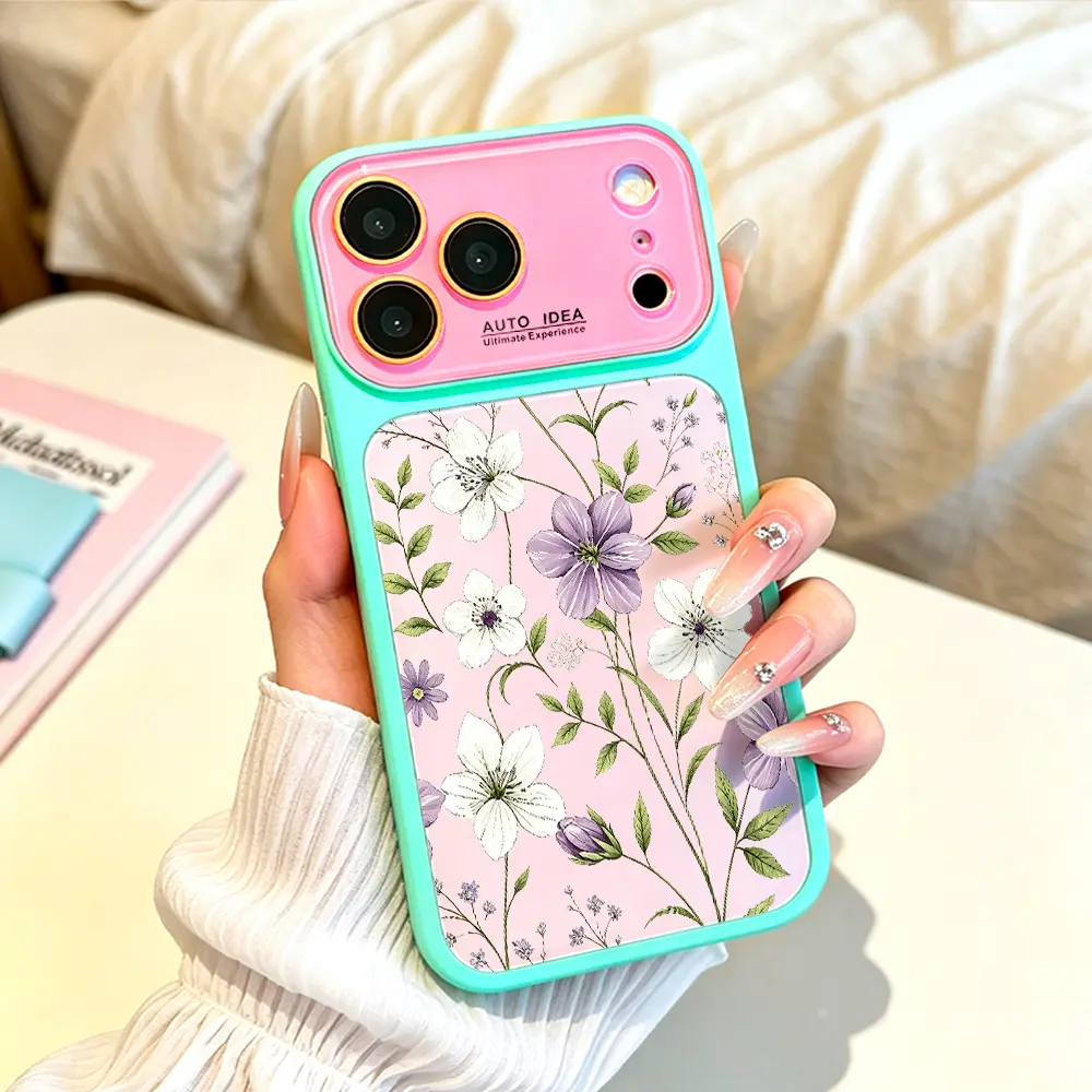 Dopamine Color Block Purple & White Wildflower Phone Case - Fashion TPU Material Accessories, Botanical Vintage Elegant Bloom Pastel Pattern, Multi-Model Fits iOS iPhone 17 Pro Max/17 Air/17Pro/16/15/14/13 Pro Max, Floral Garden Gift for Aesthetic Lovers