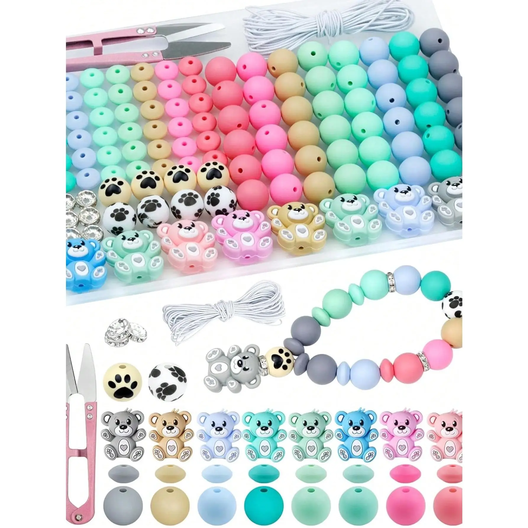 124pcs Multicolor Animal Theme Silicone Bear Beads Set - Beginner-Friendly DIY Supplies for Girls, Casual Fashion Accessory Charms, Keychain Making Materials, Girl