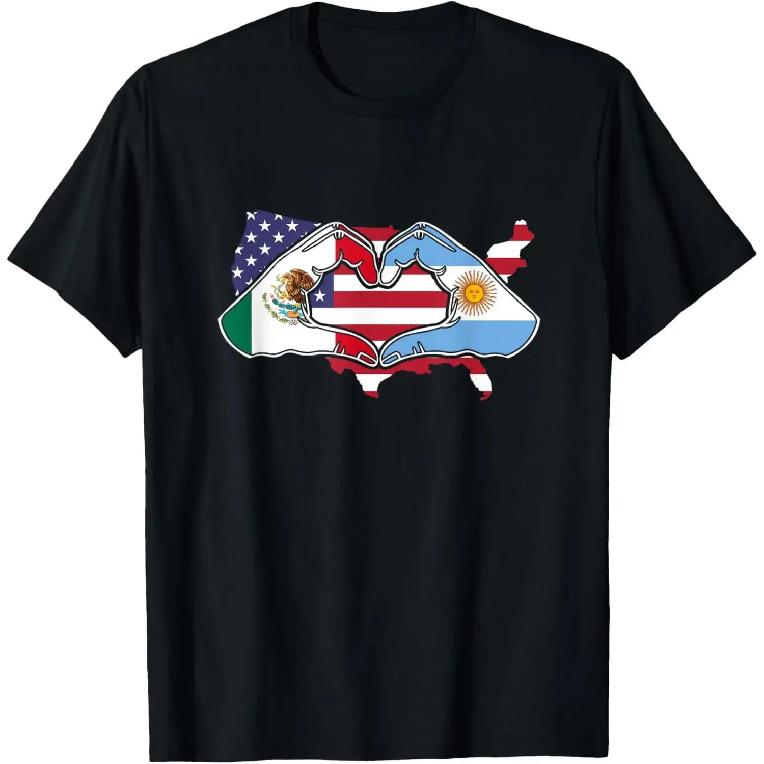 Unisex 100% Cotton Crewneck Short Sleeve Menswear T-Shirt - Heart Hands Mexico Argentina USA Flag Graphic Top, Argentina Fans Hispanic Heritage Pride Casual Top, All Seasons, Cold Wash, Ships from USA, Tops, Shortsleeve Round Neck Tropical