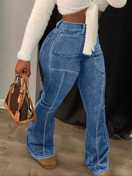 Women's Solid Pocket Flare Leg Jeans, Casual Comfy Denim Bell Bottom Trousers for Daily Wear, Ladies Bottoms for All Seasons