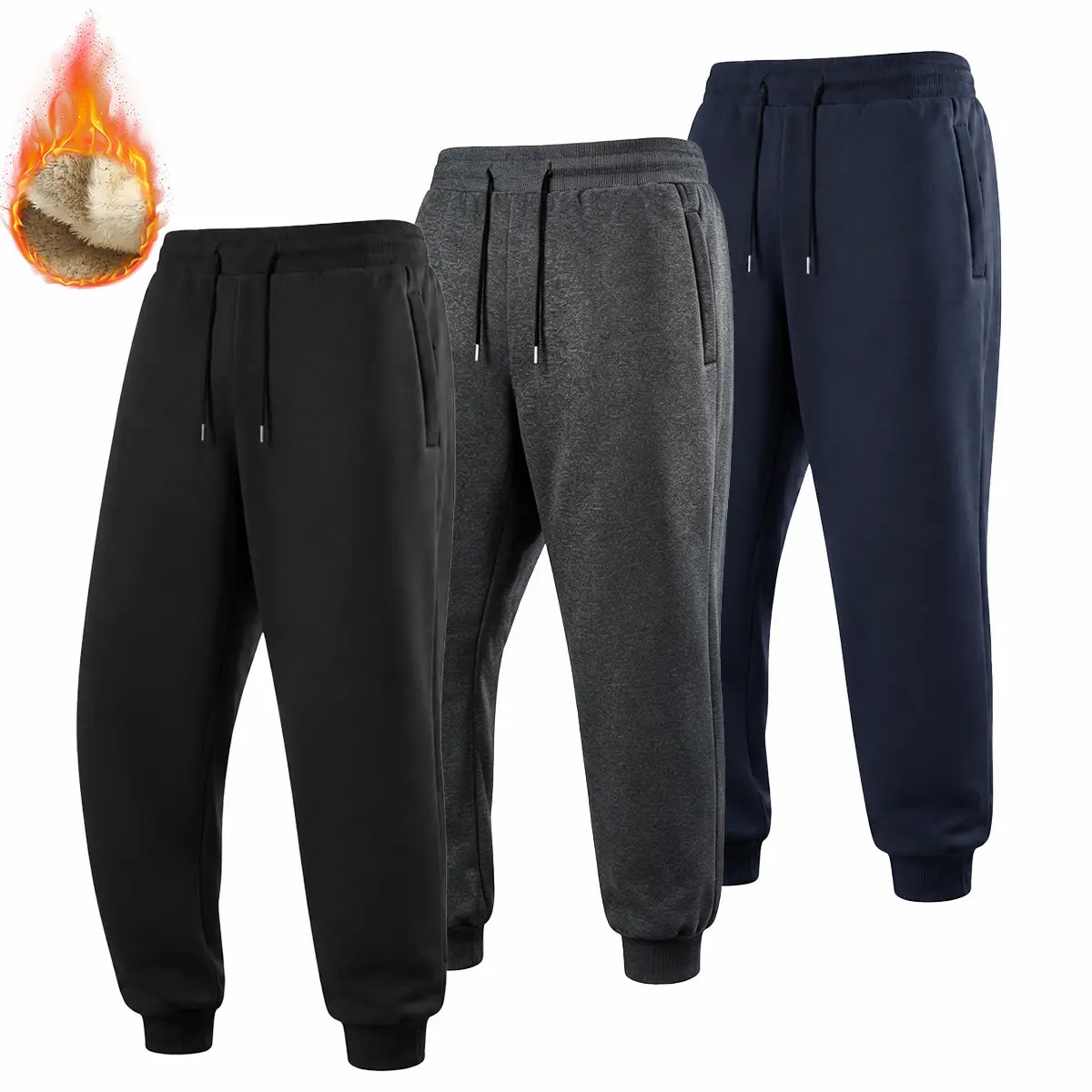 Men's 3‑Pack Fleece Lined Jogger Sweatpants, Thick Warm Sherpa Lining Cold‑Weather Trousers, Elastic Waist Drawstring Design, Side Hand Pockets, Ribbed Cuffed Ankle, Loose Fit Winter Athletic Pants For Outdoor Workout Travel Daily Casual Outfits