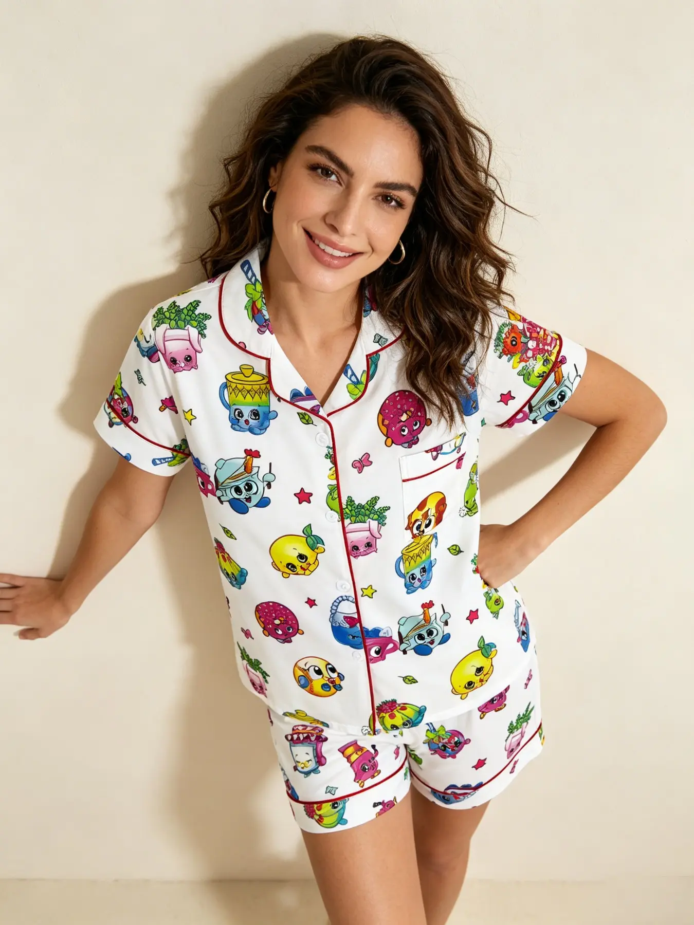 Adorable Cartoon Fruit Food Print Women's Pajama Set, Collar Short Sleeve Open Front Lightweight Summer Shorts Sleepwear Loungewear