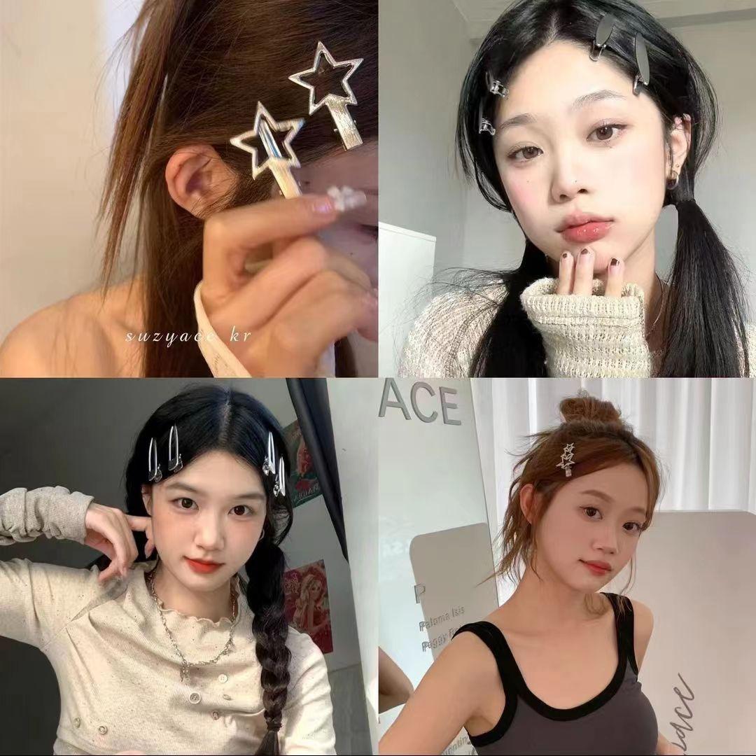 24Pcs Y2K Silver Metal Hairpins Star Seamless Duckbill Clip Women Girls Fashion Alloy Hair Accessories 4.5-7cm