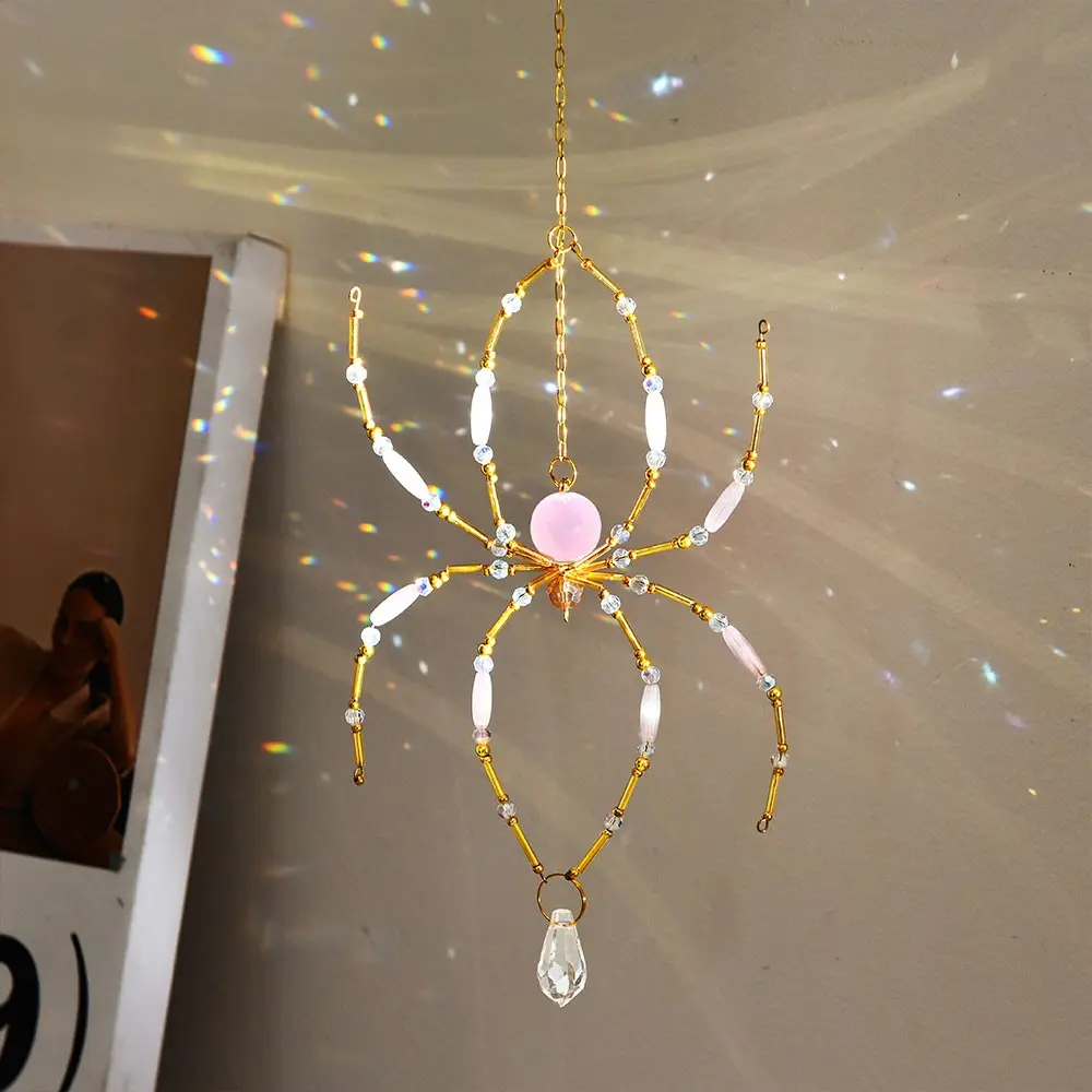 1pc Handmade Beaded Spider Sun Catcher, Hanging Decor, Pink Crystal Spider, Can Be Hung On Windows, Gardens, Ideal Home Decor For Indoor And Outdoor Backyards, Ceilings And Rooms, Halloween Gift