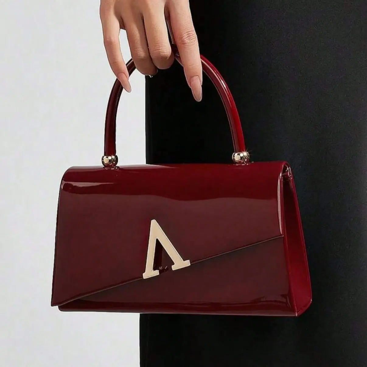 Burgundy Patent Leather Top Handle Handbag, Gold V-Shaped Hardware Structured Rectangular Evening Shoulder Bag, Elegant Glossy Formal Purse for Wedding Party Date Night Cocktail Occasions, Suitable for Women, College Students, Young Professionals