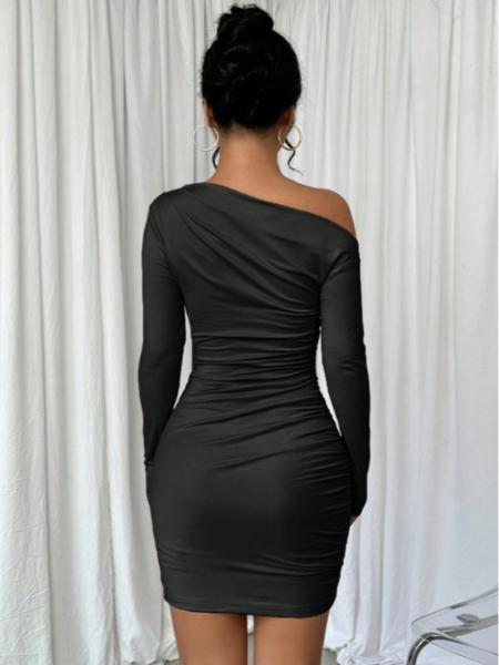 Elegant Asymmetrical Neck Long Sleeve Dress, Pure Color Ruched Design, Women's Fashionable for Special Occasions