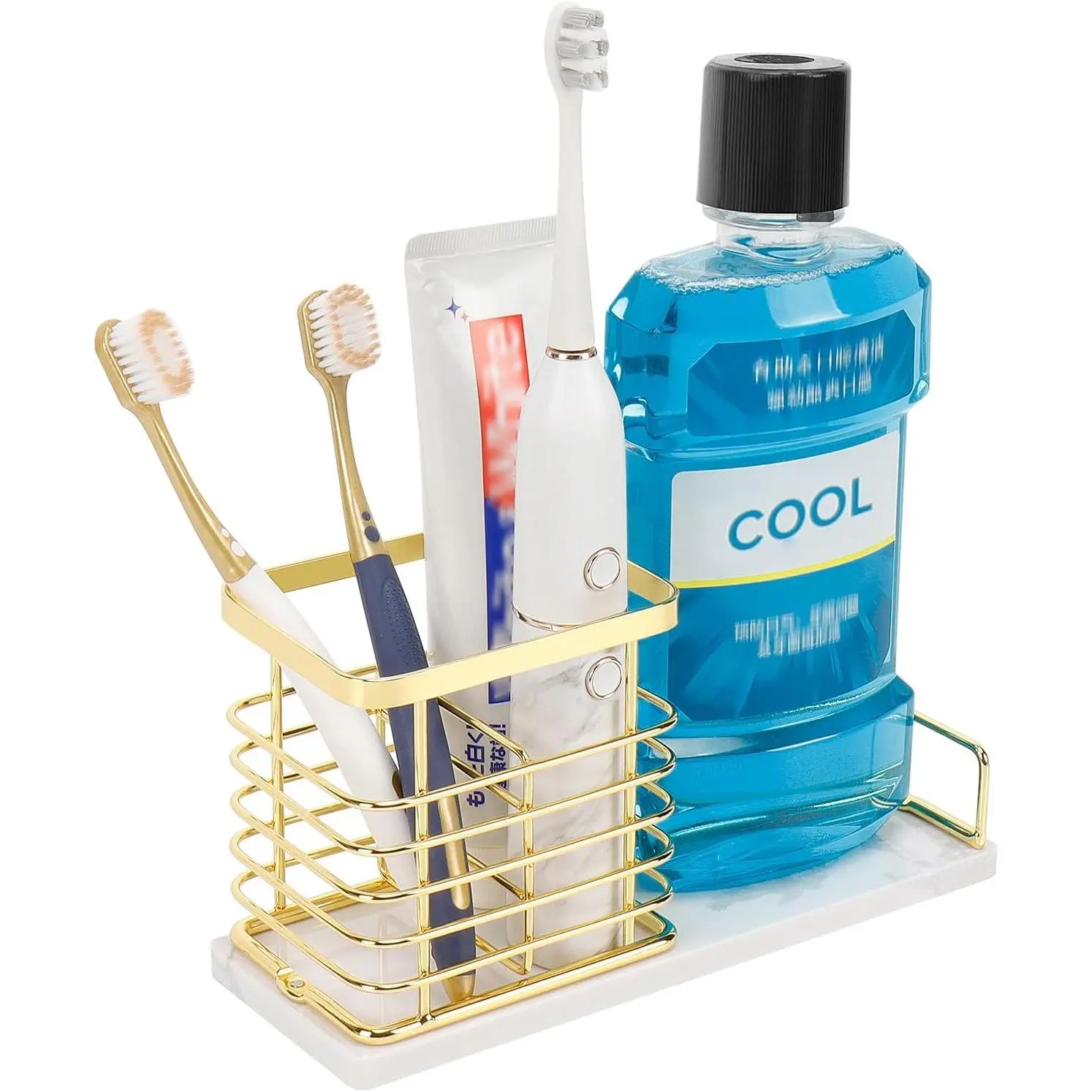 Toothbrush Holder, Luxurious Metal Toothbrush Toothpaste Holder with Marble Base for Bathroom, Multi-Slots Openwork Design, Bathroom Accessory for Storage and Organizer (Large, Gold)